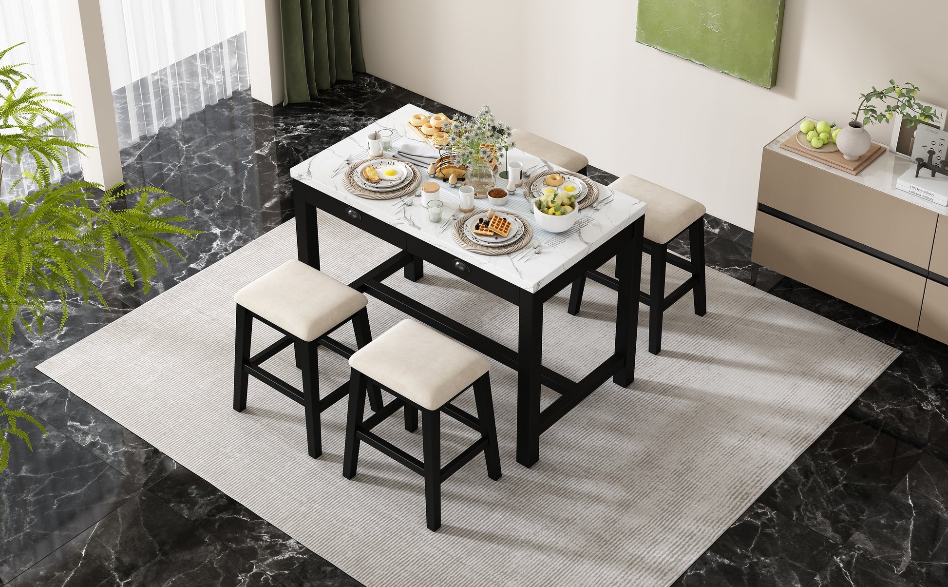 5 Piece Modern Faux Marble Versatile Bar Table Set With Storage Drawers And Padded Stools, Ideal For Space Saving Dining Nooks Or Small Kitchens Black Black Solid Wood Mdf