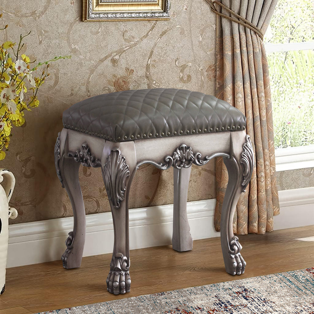 Grey And Vintage Bone White Vanity Stool With Tufted Seat Grey Bedroom Wood Fabric