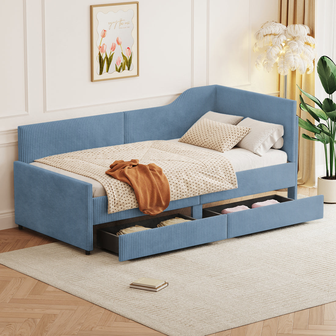 Twin Size L Shaped Corduroy Daybed,Upholstered Bed Frame With 2 Storage Drawers,Blue Twin Blue Wood Fabric