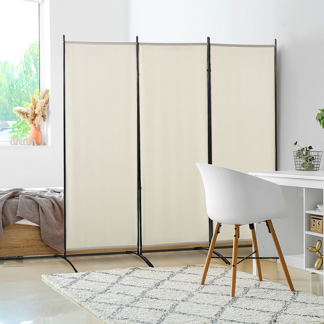 Homcom 6' 3 Panel Room Divider, Indoor Privacy Screen For Home, Beige Beige Polyester