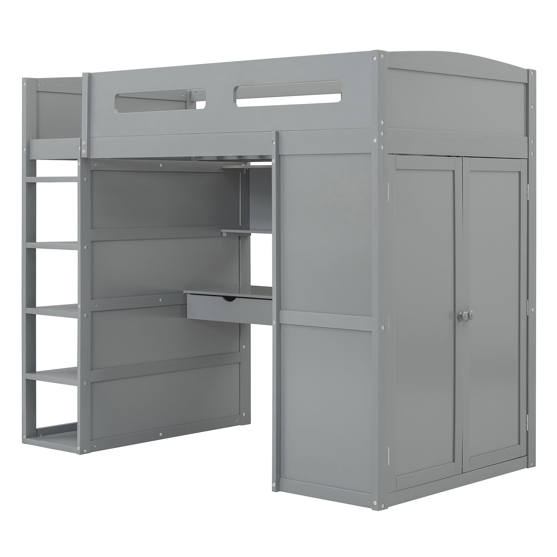 Twin Size Loft Bed With Desk, Wardrobes, 4 Drawers And 4 Shelves Gray Twin Gray Solid Wood