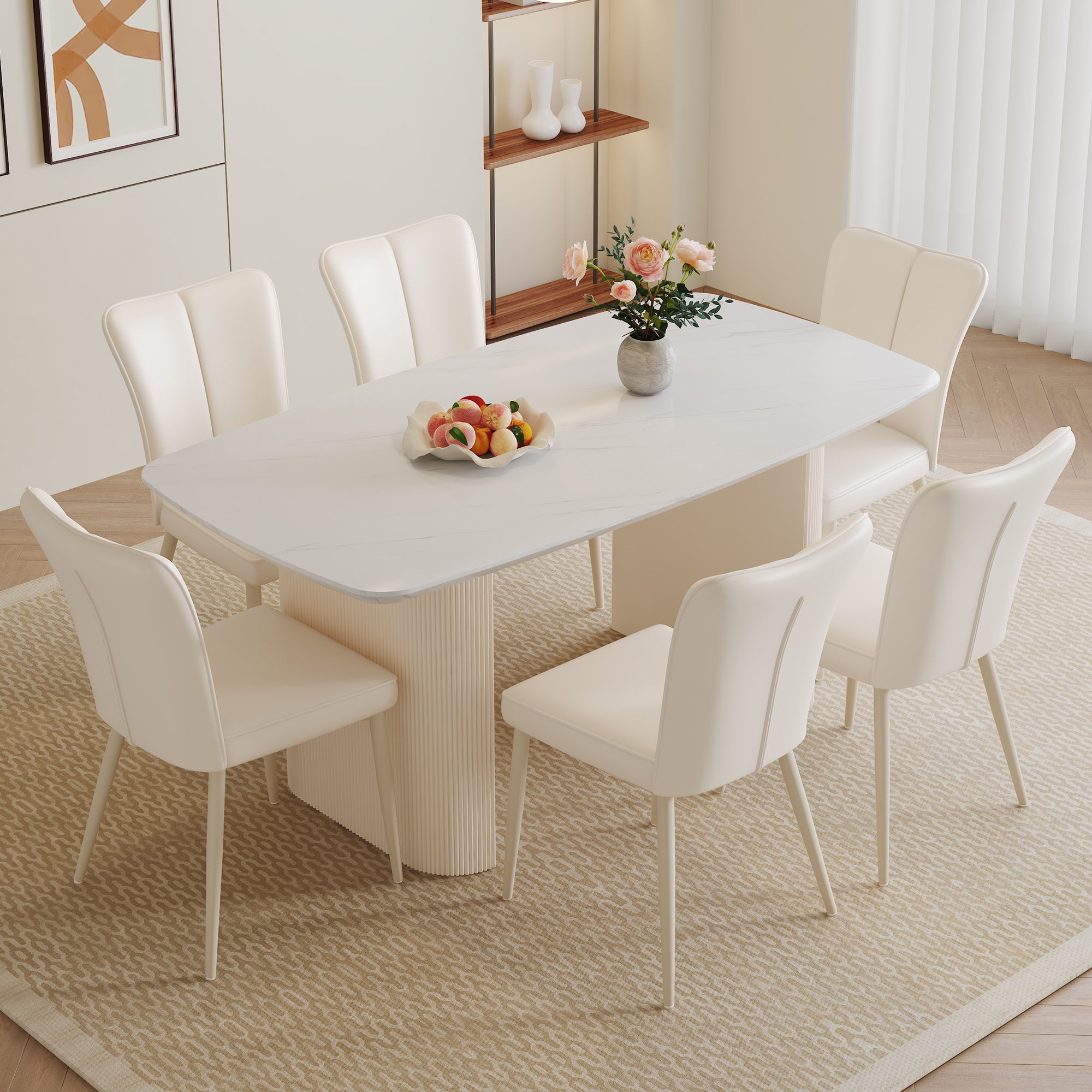 Table And Chair Set.67*35.4 Cream Style Mdf White Dining Table Set With 6 Cream Style Dining Chairs With A Vertical Line Design On Backrest.Adding A Warm And Gentle Atmosphere To Your Family. White