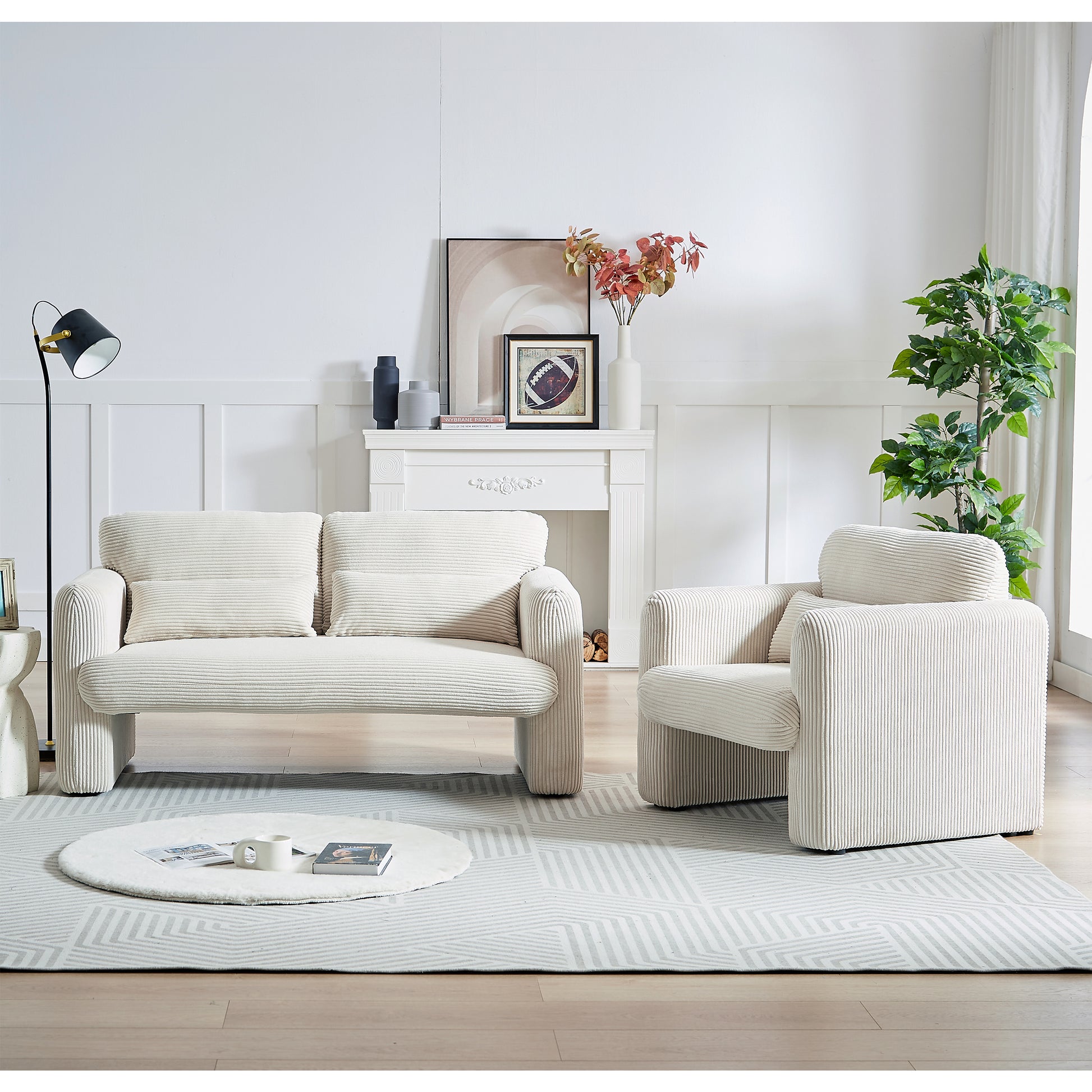 60"Corduroy Fabric Sofa With 33" Single Sofa, Modern Sofa With Support Pillow, For Apartment, Office, Living Room & Bedroom Beige Corduroy 2 Seat