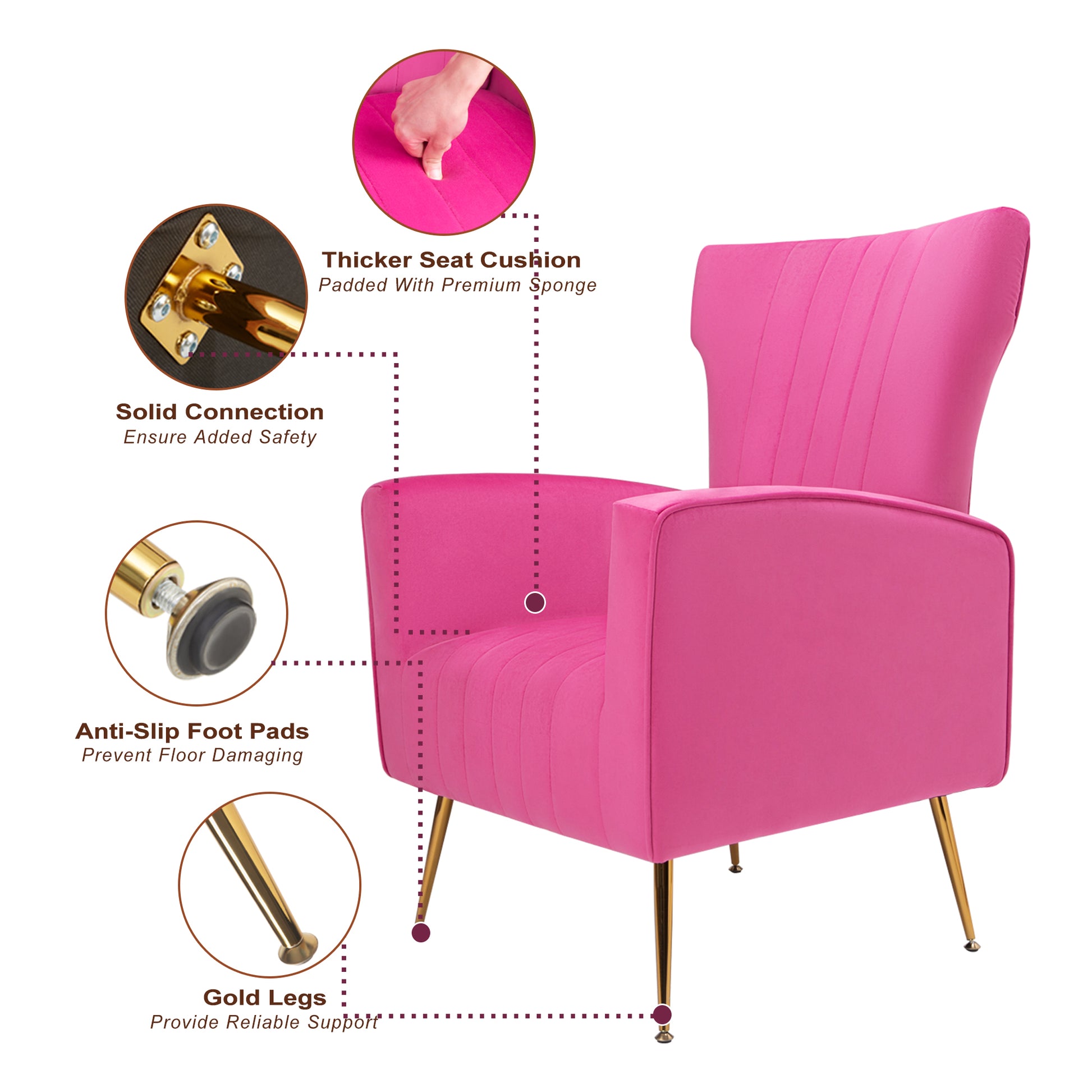 Velvet Accent Chair With Table, Wingback Arm Chair With Gold Legs, Upholstered Single Sofa For Living Room Bedroom Rose Red Velvet 1 Seat