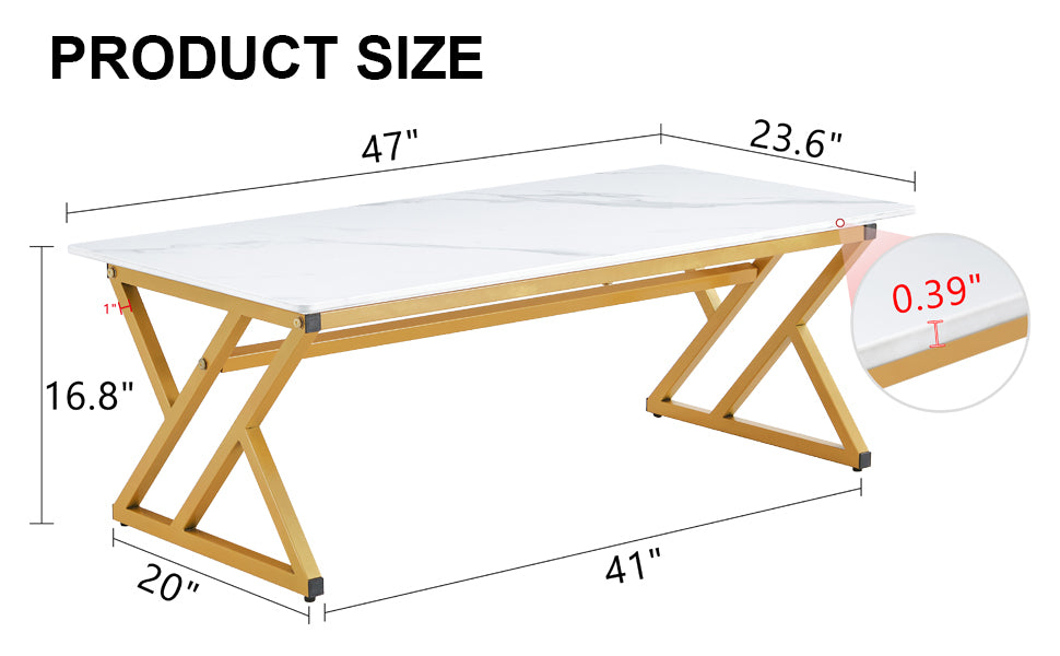 0.4Inch Thick White Marble Patterned Rock Table, Easy To Clean, Paired With Golden Metal Legs, Sturdy And Durable. Large Size Can Meet Various Needs.Can Be Used As A Dining Table, Coffee Table.47*23.6 White Sintered Stone