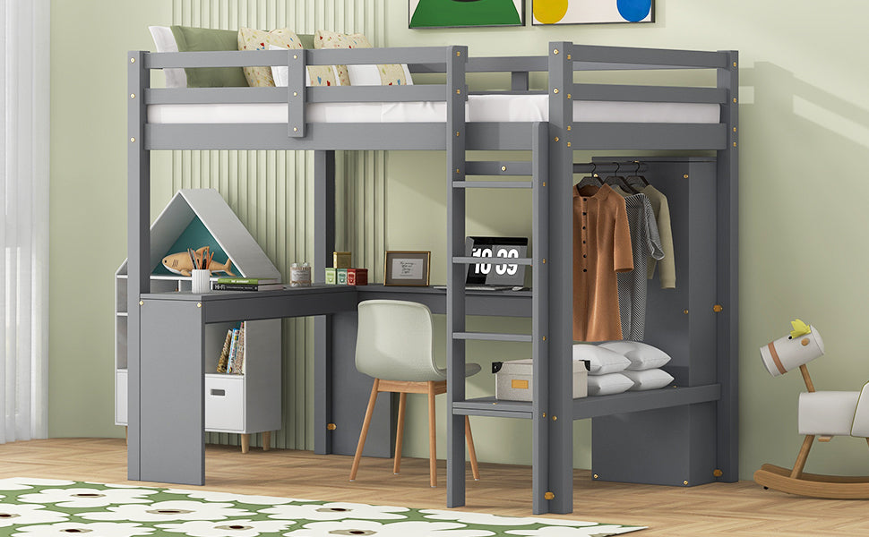 Twin Size Loft Bed With L Shaped Desk, Wardrobe And Storage Shelves, Grey Expected Arrival Time: 8.31 Box Spring Not Required Twin Grey Wood Bedroom Solid Wood Mdf