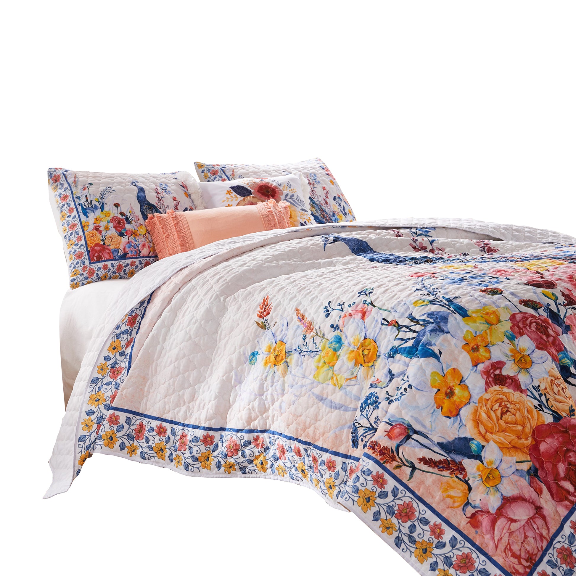 Tess Microfiber 2 Piece Twin Quilt Set, Peacock, Floral Print, Multicolor Twin Multicolor Fabric