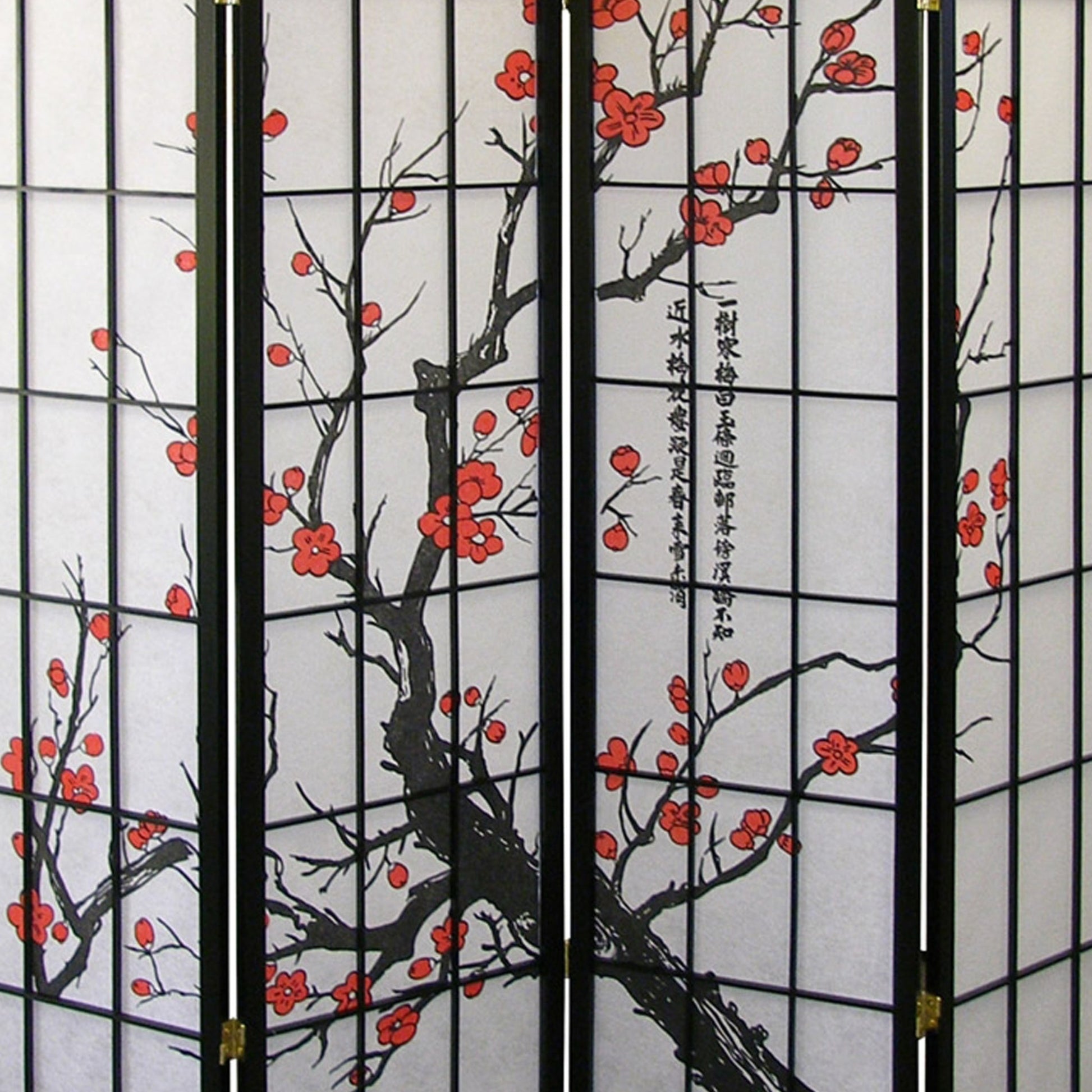 70" Tall 4 Panel Screen Room Divider, Plum Blossom Design With Black Finish Black Wood