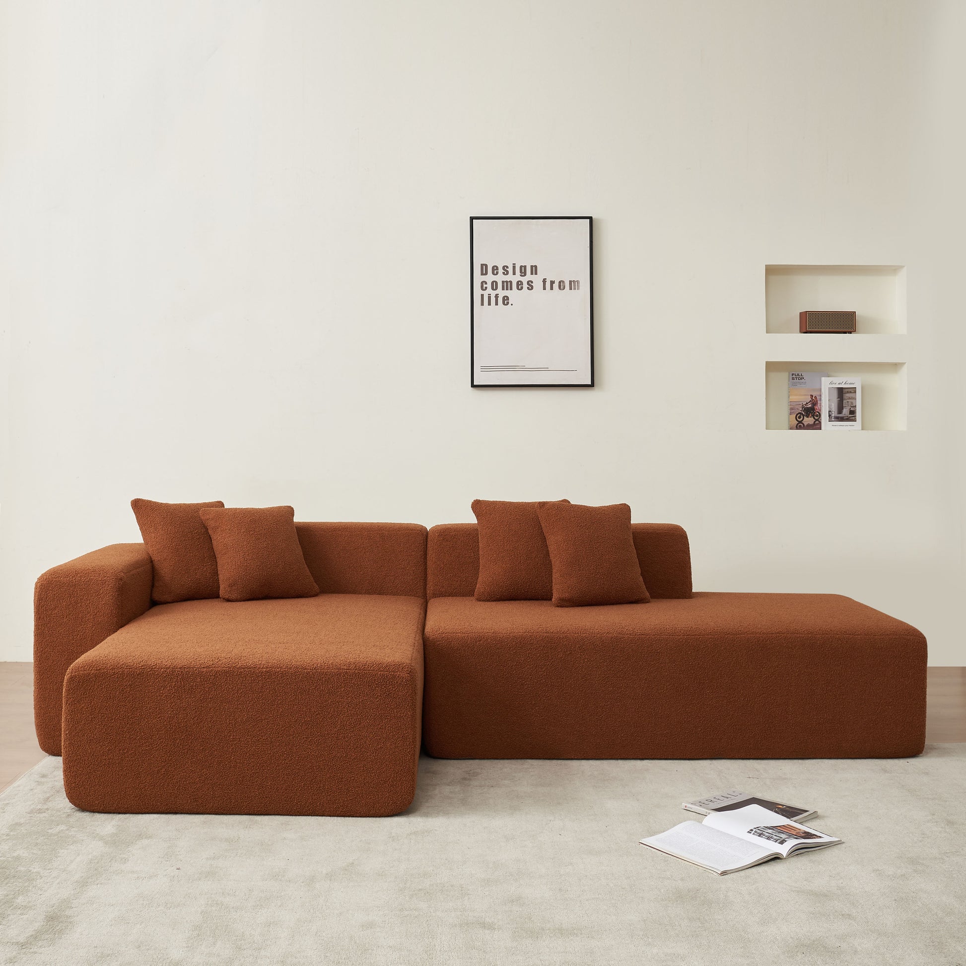 Modular Sectional Couch, Lambswool Fabric Modern L Shape Sectional Sofa With Chaise Lounge, Living Room Upholstered 5 Seater Corner Sofa Couch For Bedrooms, Apartment Orange Foam Sherpa 5 Seat