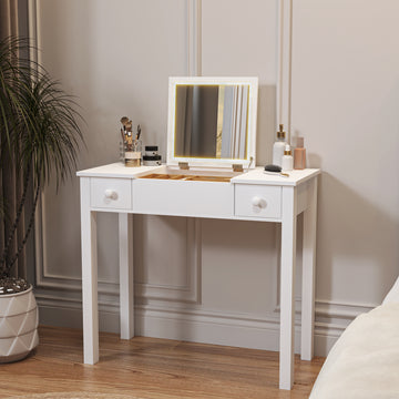 Accent White Vanity Table With Flip Top Mirror And 2 Drawers, Jewelry Storage For Women Dressing White Mdf