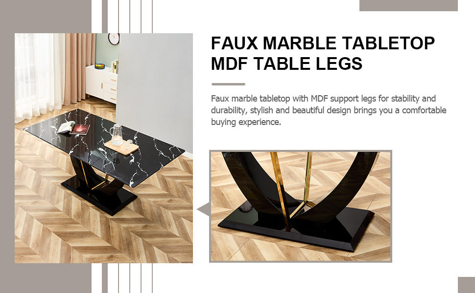 Table And Chair Set, Modern Dining Table, Patterned Table Top And Black Mdf Table Legs, Soft And Comfortable Dining Chair, Perfect For Dinner, Meetings, Home And Office Decor Black Mdf Glass