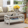 Homcom Farmhouse Style Coffee Table With Wood Frame, Tempered Glass Tabletop And Underneath Storage Shelf, Side Table For Living Room, 39.25