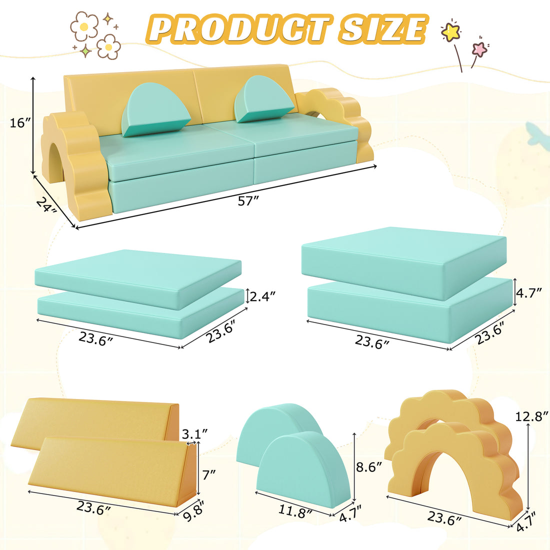 10Pcs Kids Couch For Playroom, Baby Climbing And Crawl Foam Play Set, Foam Climbing Blocks Convertible Sofa ,Kids Play Couch, Indoor Climbing Structure For Toddlers, Infant, Kids, Pre School Mint Green Foam