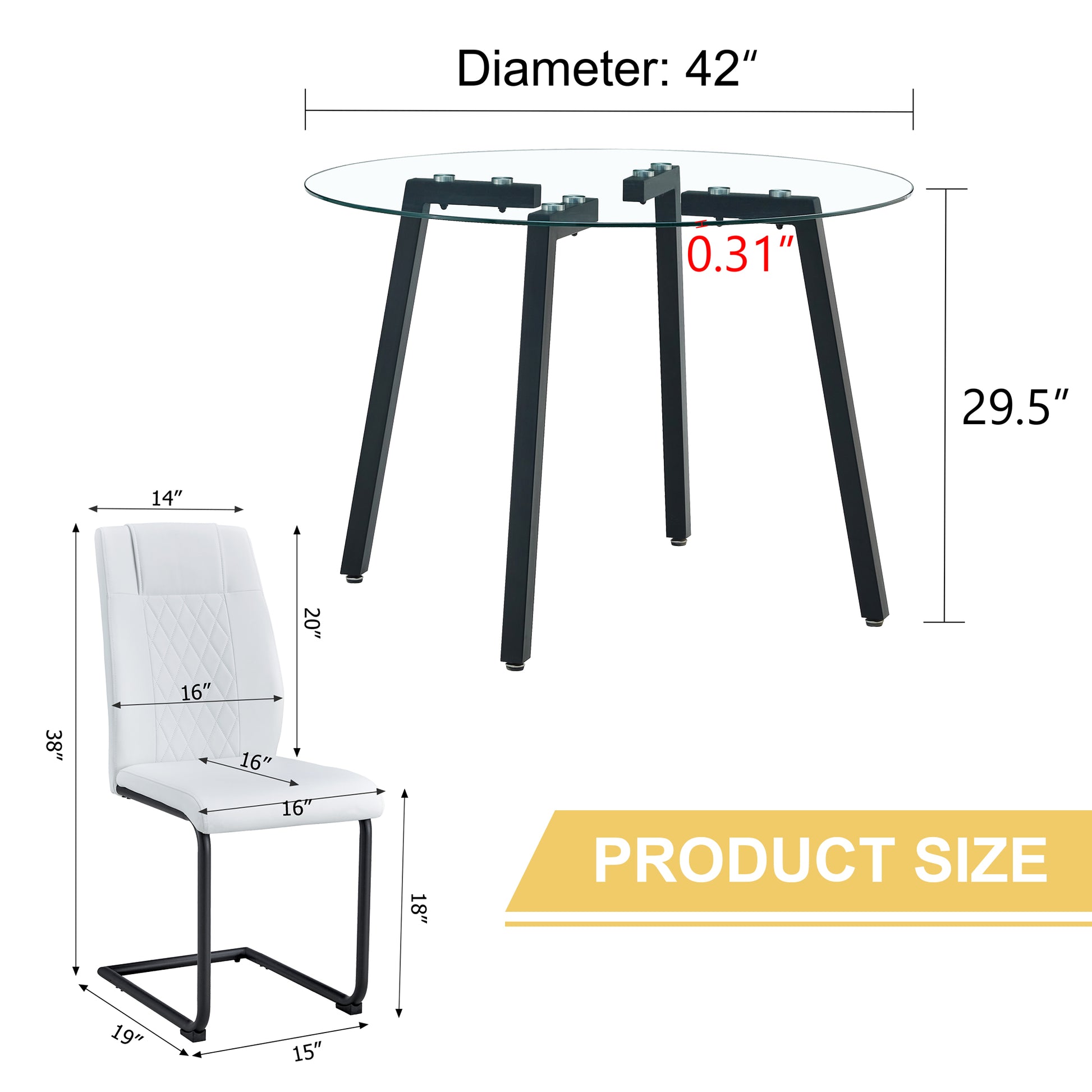 Table And Chair Set.A Modern Minimalist Style Round Clear Tempered Glass Table With Black Metal Legs.Paried With 4 Chairs With Modern Pu Leather High Back Upholstered And C Tube Black Metal Legs. White Black Seats 4 Glass Metal