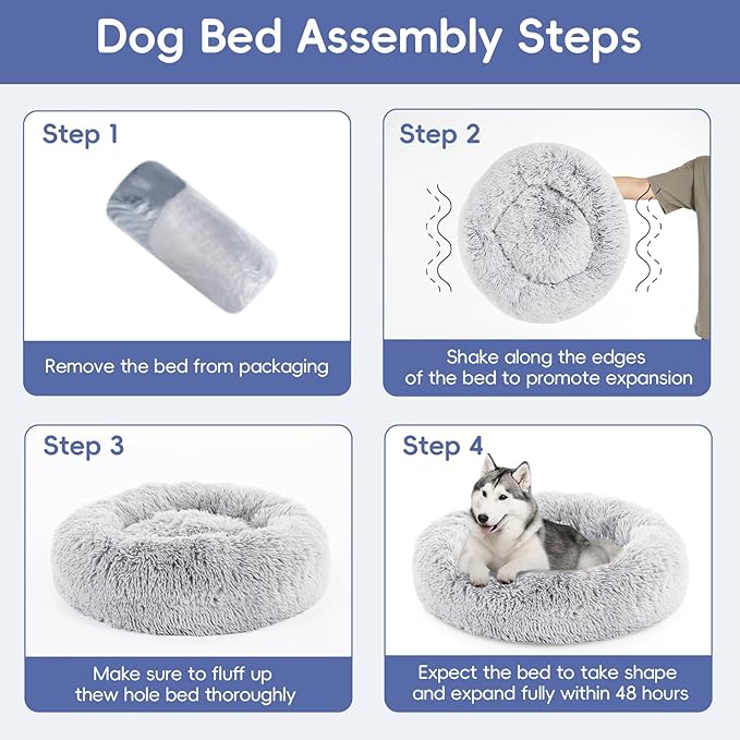 20 Inch Donut Dog Bed, Calming Bed For Dogs, Grey Cat Bed Washable, Round Dog Donut Bed Washable, Plush Fur Dog Bed, Dog Cuddle Bed Grey Faux Fur