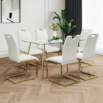 Modern Simple Rectangular Glass Dining Table, Wear Resistant Tempered Glass Countertop, Gold Plated Legs, White Pu Dining Chair Set, Suitable For Restaurant Kitchen Use Set Of 7 Upholstered Chair