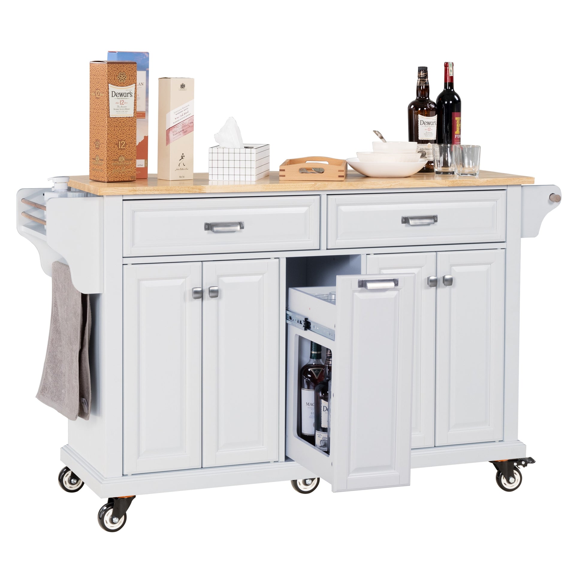 Kitchen Island With Rubber Wood Countertop, Kitchen Cart On 5 Wheels With Storage Cabinet And 2 Top Drawers And A Center Double Layered Storage Drawer For Dinning Room, White White Dining Room Rectangular Rubberwood Solid Wood Mdf Large 56 In