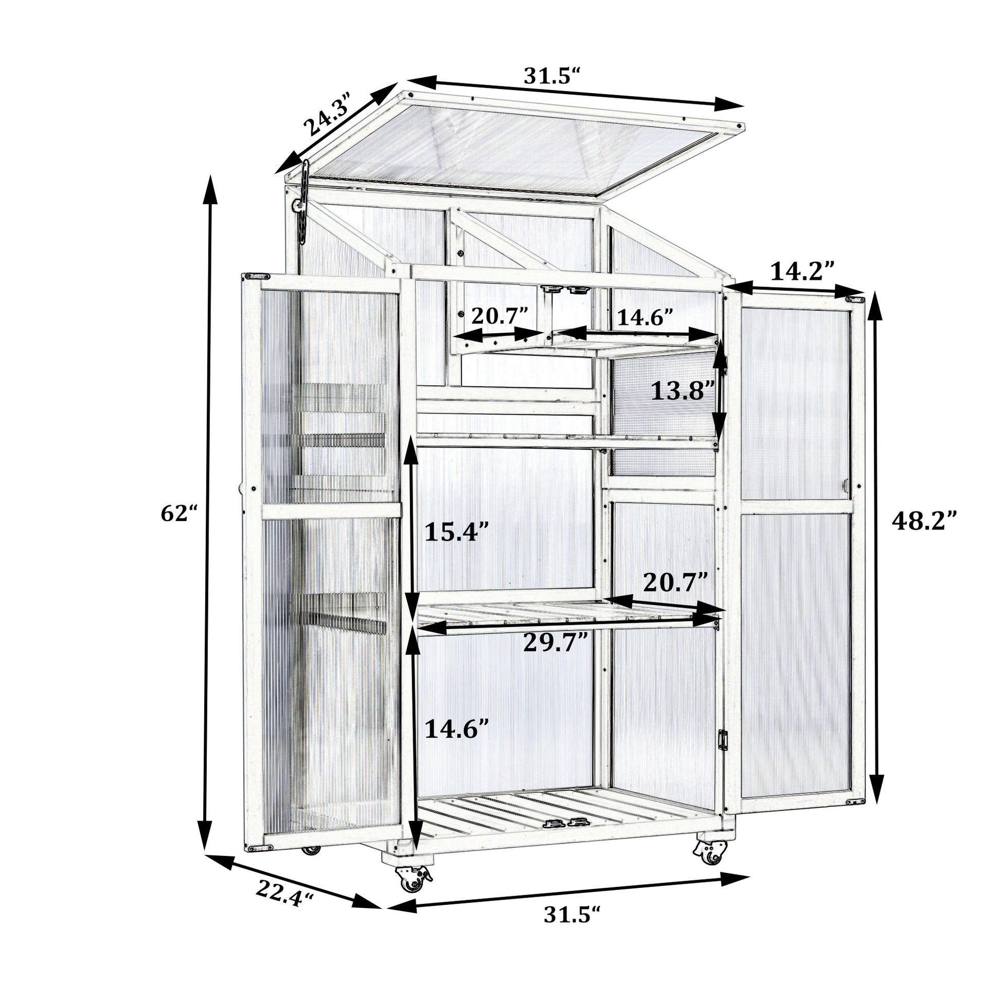 62Inch Height Wood Large Greenhouse Balcony Portable Cold Frame With Wheels And Adjustable Shelves For Outdoor Indoor Use, Forest Green Green Casual Wood Solid Wood
