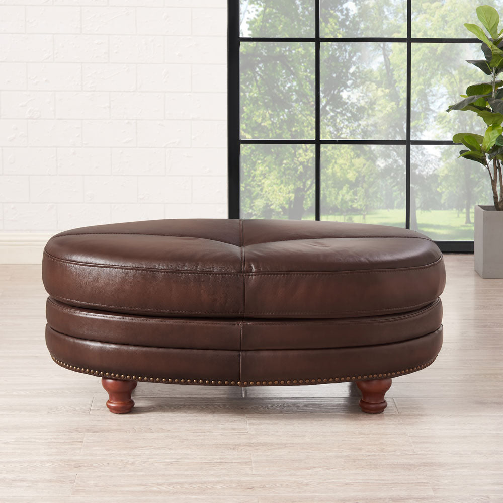 Belfast Leather Ottoman Wood Primary Living Space Solid Brown Eucalyptus Wood Nailhead Trim Brown Genuine Leather Genuine Leather Medium Firm Backless Mid Century Modern Oval Armless Memory Foam Leather