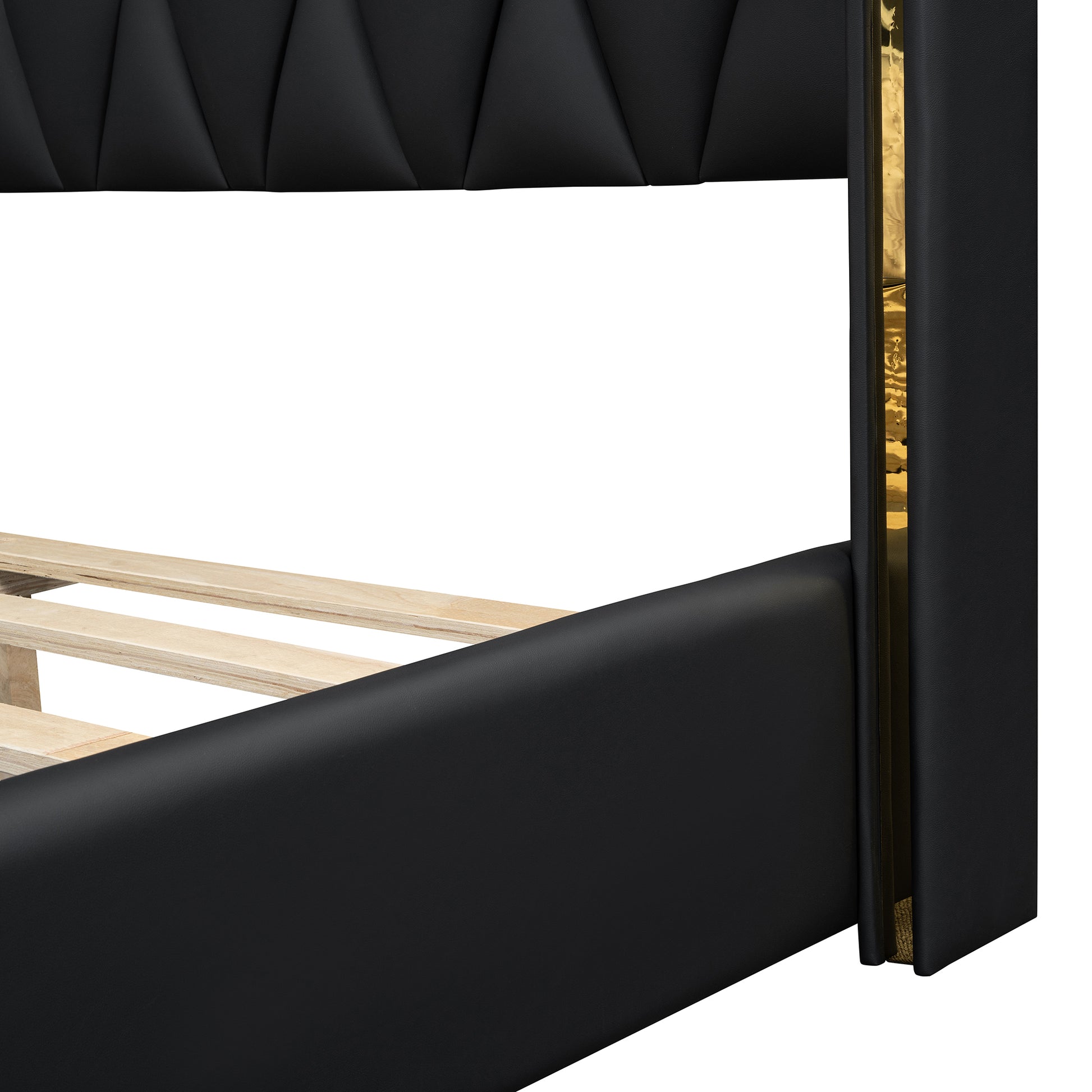 Full Size Upholstered Platform Bed With Metal Strips, Black Full Black Pu