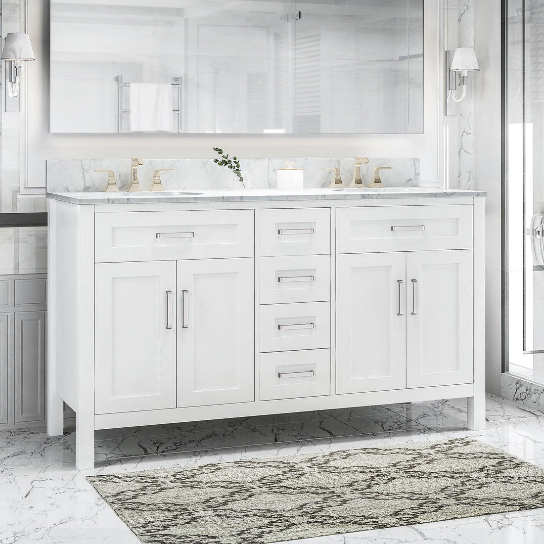 61'' Bathroom Vanity With Marble Top & Double Ceramic Sinks, 4 Drawers, 4 Doors, White White Plywood