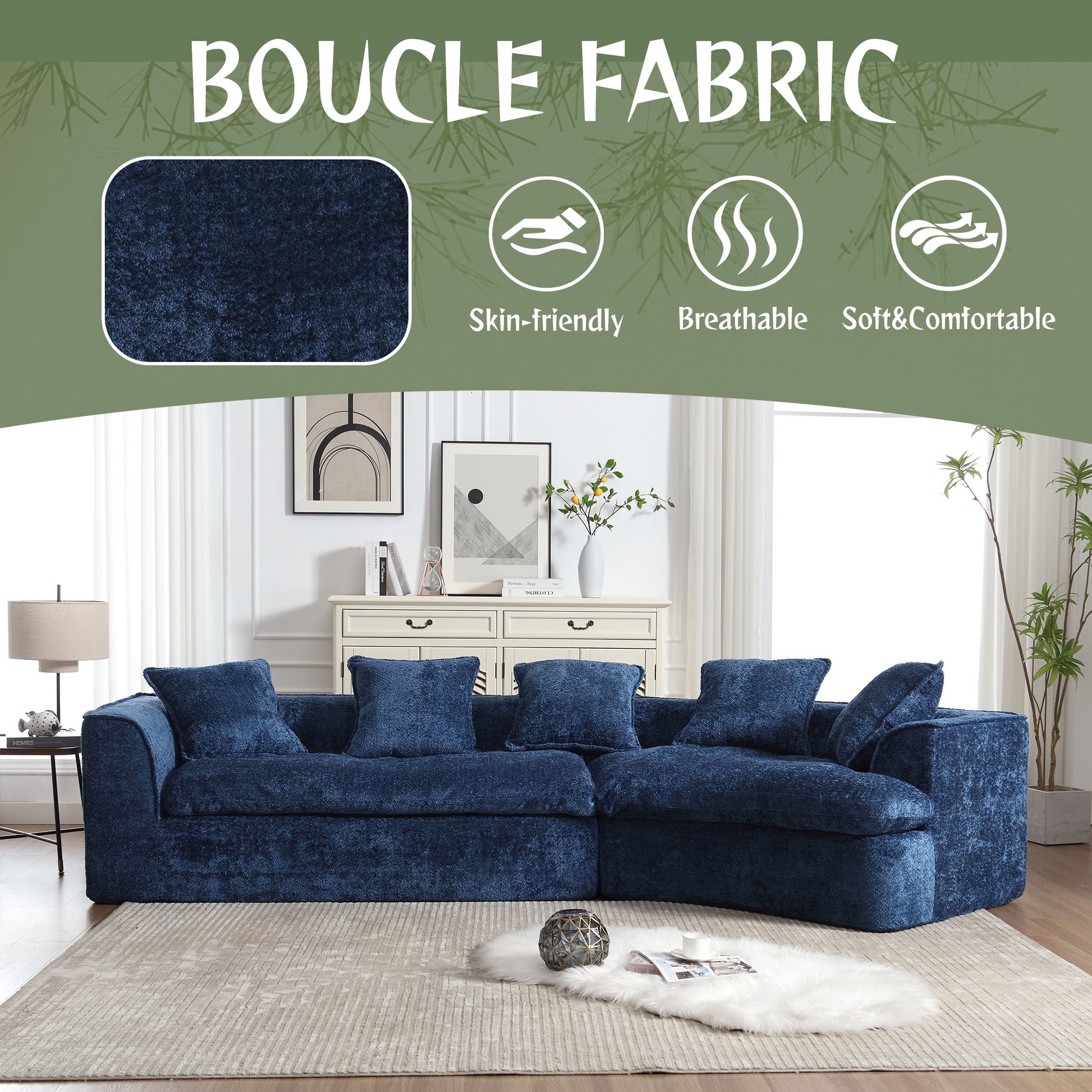 Coolmore Boucle Sofa 3 Seater For Living Room Oversized Comfy Sofa Unique Double Seat And Corner Construction For Apartment, Office Left Hand Facing Navy Navy Primary Living Space Foam Boucle 3 Seat