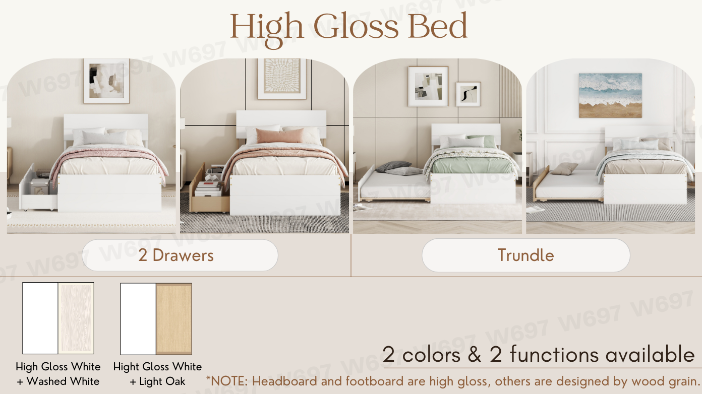 Modern Twin Bed Frame With Twin Trundle For White High Gloss Headboard And Footboard With Creamy White Color Twin Creamy White,White Bedroom Mdf,Rubber Wood