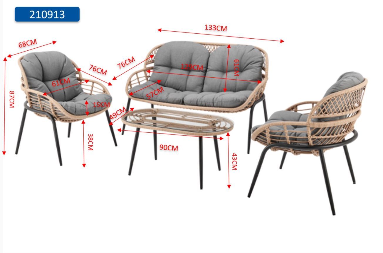 Belize 4 Piece Pe Natural Rattan Outdoor Grey Cushions Conversation Set, Large Grey Pe Rattan Iron