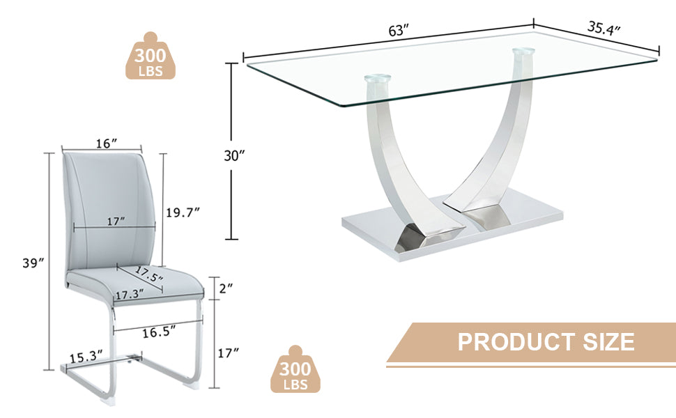 Table And Chair Set.Modern Dining Table,Tempered Glass Tabletop And Silver Colored Leg.Paired With 4 Soft And Comfortable Light Gray Pu Chair, Perfect For Dinner, Meetings, Home And Office Decor.