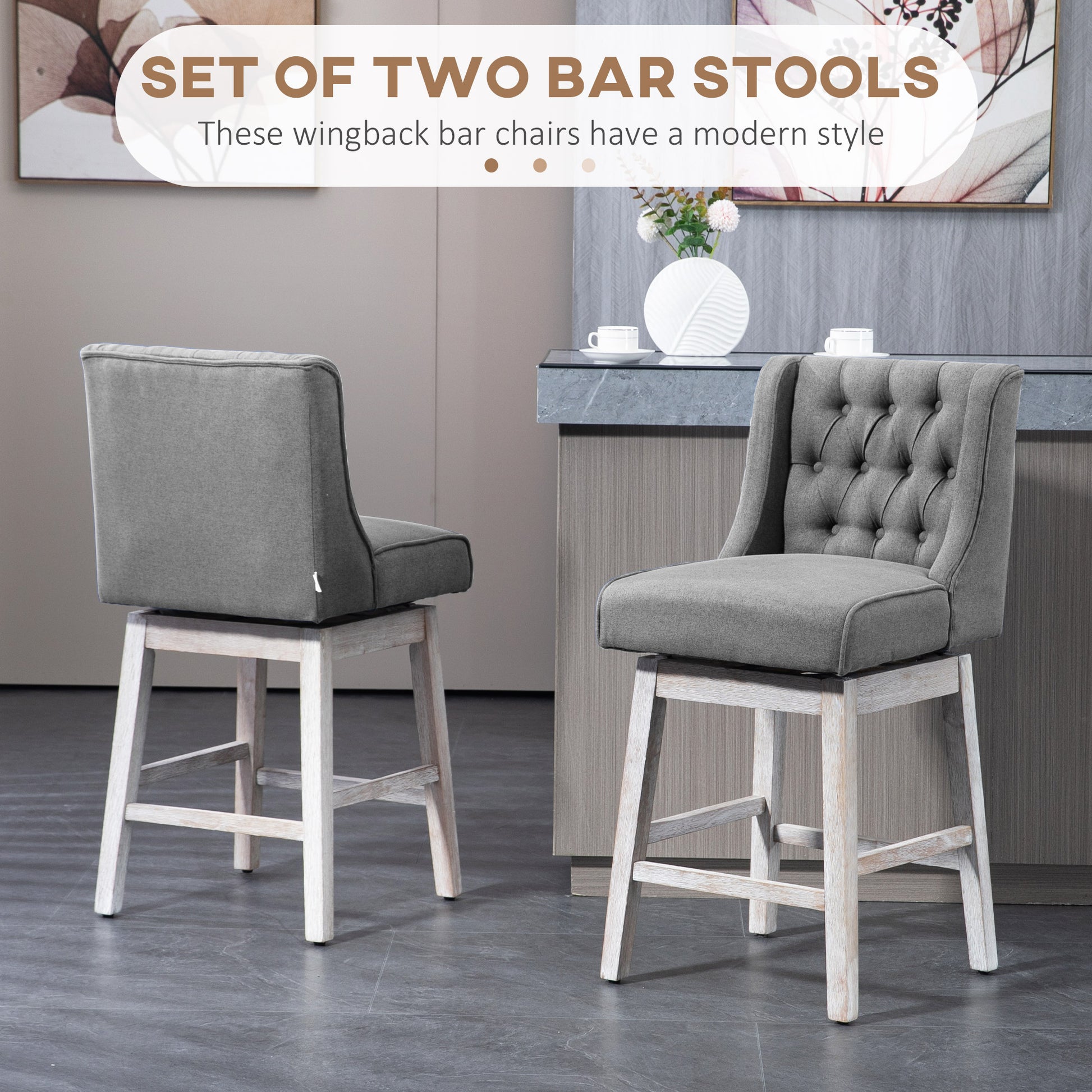 Homcom Counter Height Bar Stools Set Of 2, 180 Degree Swivel Barstools, 27" Seat Height Bar Chairs With Solid Wood Footrests And Button Tufted Design, Gray Gray Rubber Wood