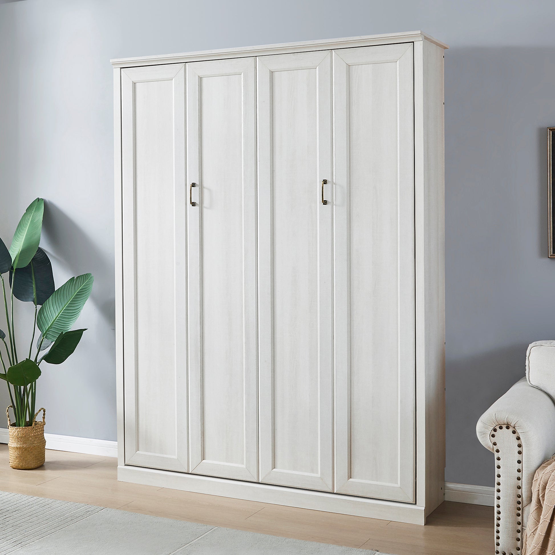 Queen Size Half Self Close And Open Murphy Bed Cabinet Space Saving Bed Perfect For Guest Room, For Bed Room, Guest Room, Home Office, Rustic White Box Spring Not Required Queen Rustic White Wood White Pine Murphy Pine