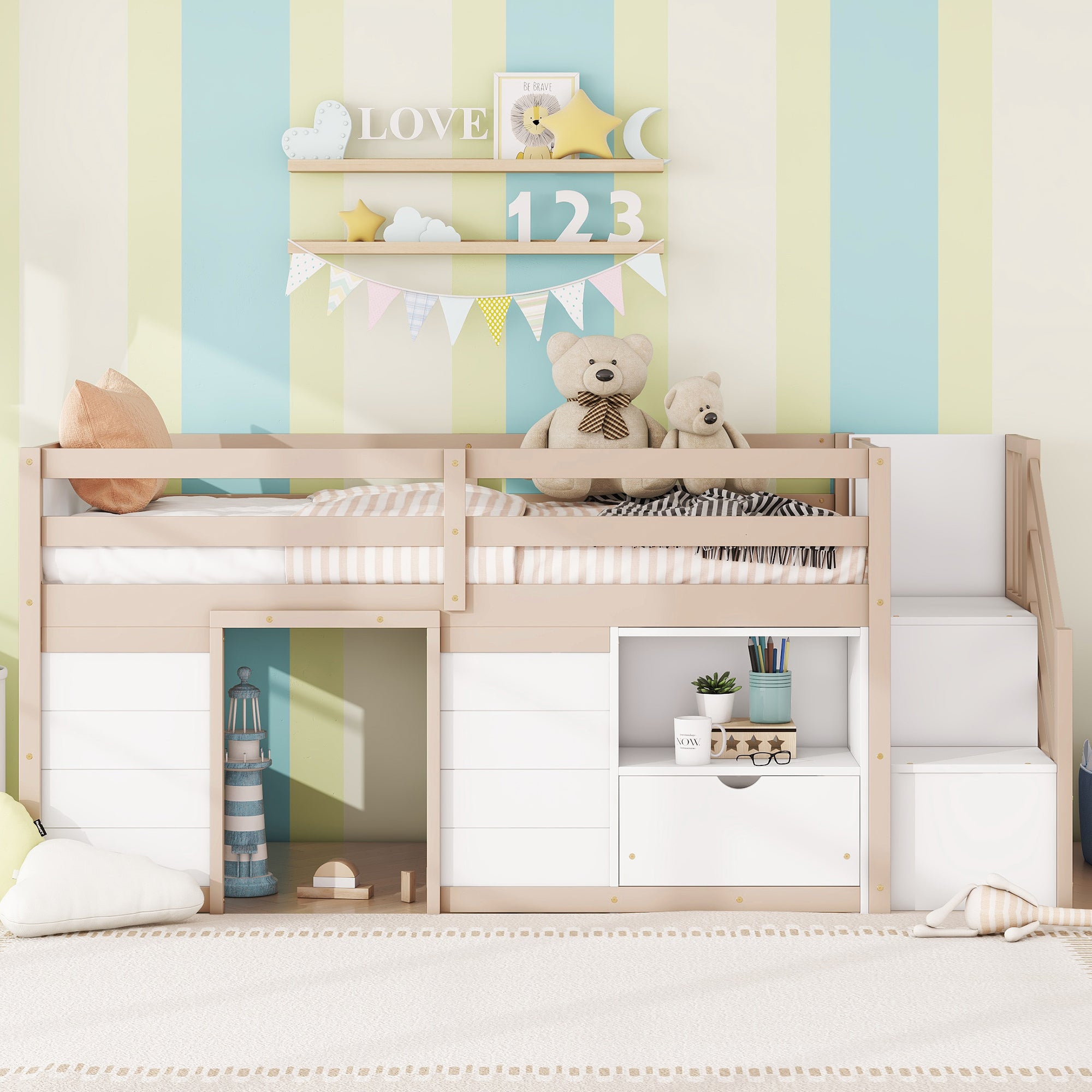 Solid Wood Twin Size Low Loft Bed With Stair, Drawer, And Shelf For Cream White Color Twin Box Spring Not Required Cream,White Wood Bedroom Kids Particle Board,Pine,Plywood