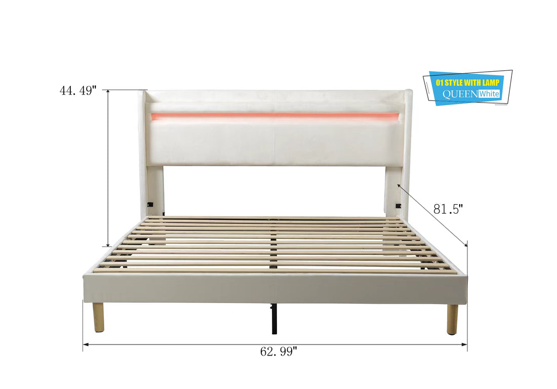 Led Light With Remote Control And Color Changing At The Head Of The Bed. The Bed Is Firm And Stable And Easy To Assemble Queen White Plywood