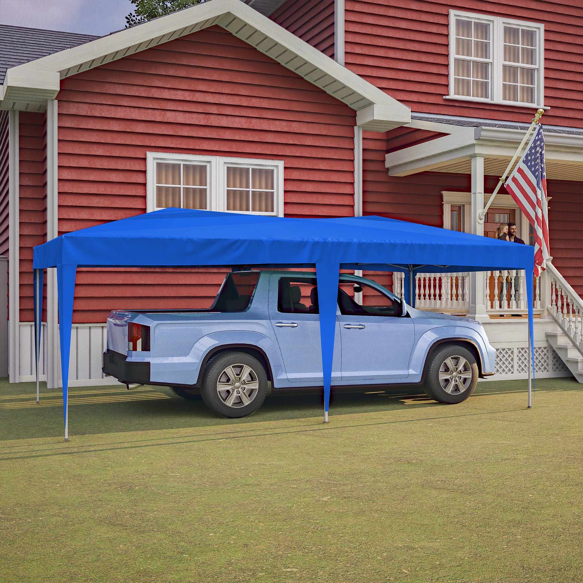 10'X20' Pop Up Canopy Tent With 6 Sidewalls, Ez Pop Up Outdoor Canopy For Parties, Waterproof Commercial Tent With 3 Adjustable Heights, Carry Bag, 6 Sand Bags, 6 Ropes And 12 Stakes, Blue Blue Metal