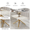 Table And Chair Set.Modern Luxurious Tempered Glass Dining Table Set With Gold Metal Legs And 6 Pu Chairs.White Marble Patterned Sticker Tabletop,White Chairs With Gold Metal Legs. White Gold Seats