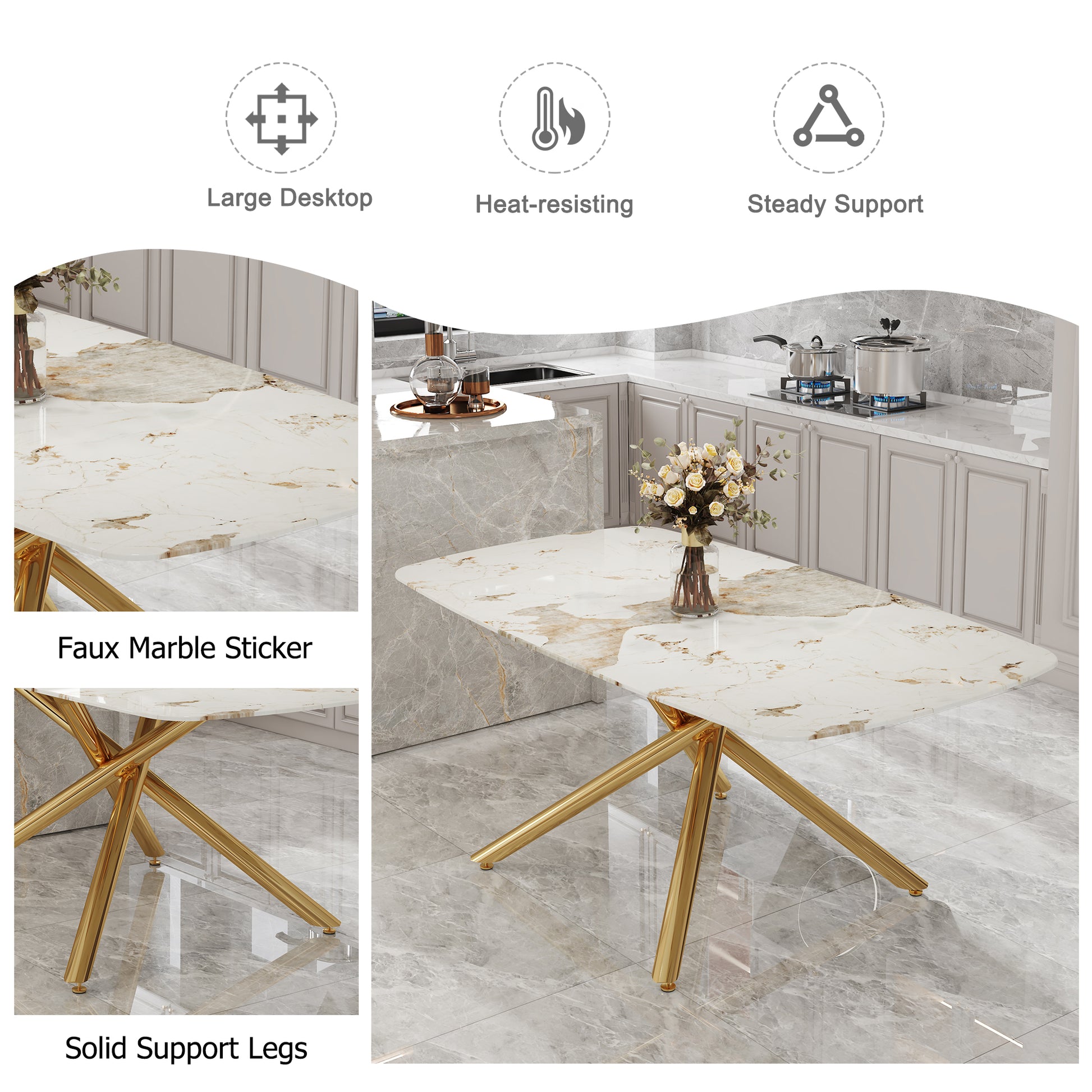 Table And Chair Set.Modern Luxurious Tempered Glass Dining Table Set With Gold Metal Legs And 6 Pu Chairs.White Marble Patterned Sticker Tabletop,White Chairs With Gold Metal Legs. White Gold Seats