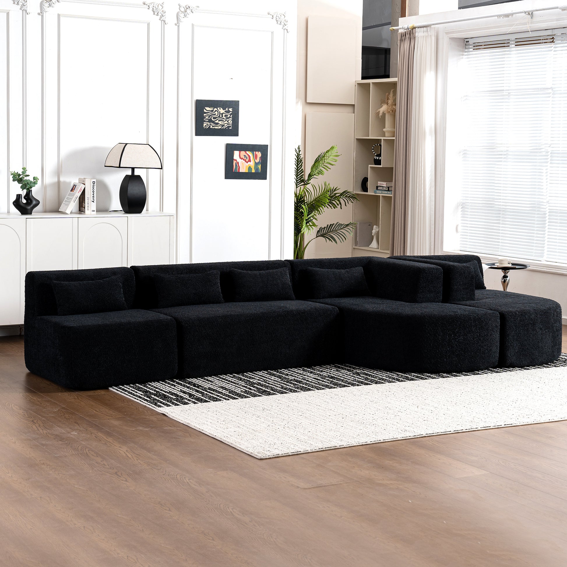 143.7" Upholstered Sofa Free Combined Sofa Couch With Two Chaise Lounge And Five Back Pillows For Living Room, Black Black Foam Polyester 5 Seat