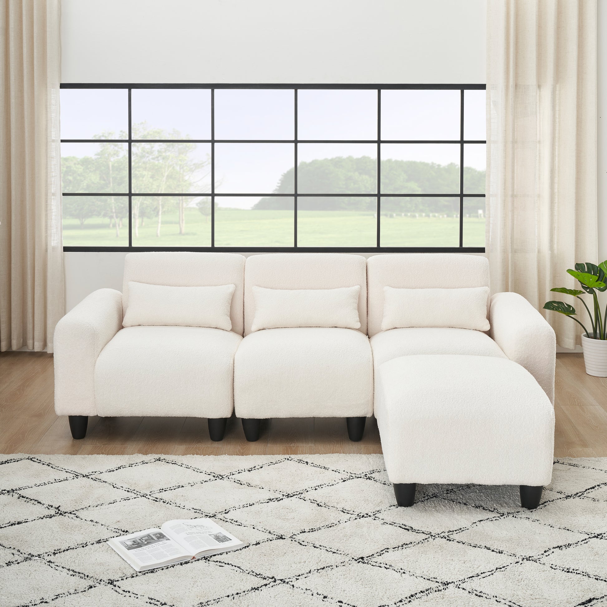 The 84.6 Inch Beige Teddy Fleece Creative Sofa Can Be Assembled Into A Two Seater Sofa Plus A Single Couch With Three Waist Pillows To Perfectly Stretch Your Waist For Small Apartment Bedroom Spaces Beige Polyester Blend 4 Seat