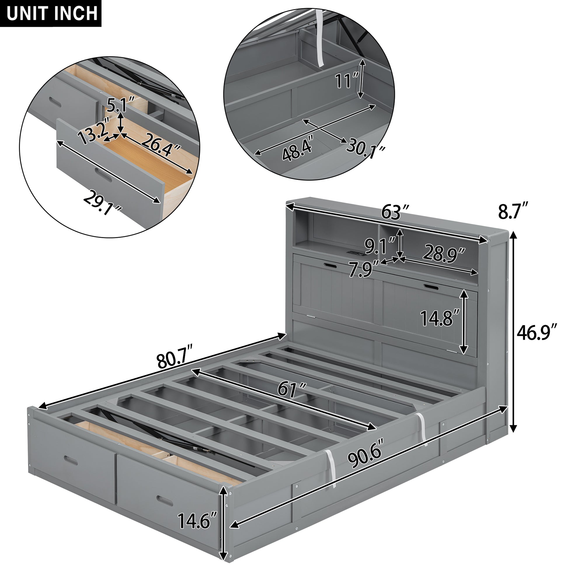 Wood Queen Size Hydraulic Platform Bed With Storage Led Headboard, Charging Station And 2 Drawers, Gray Box Spring Not Required Queen Gray Wood Bedroom Bed Frame Solid Wood Mdf