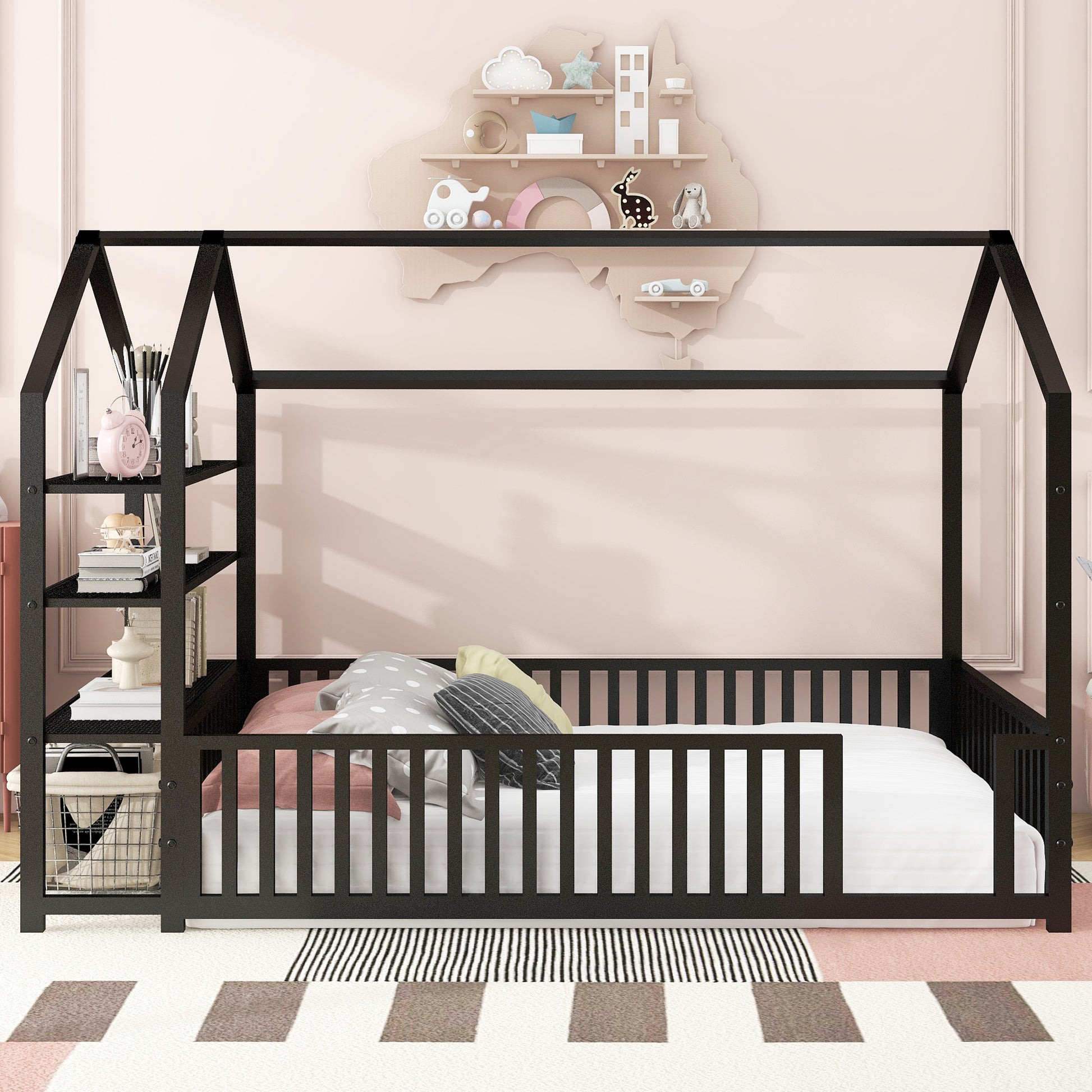 Full Size Metal House Bed With Fence And Detachable Storage Shelves, Black Full Black Metal