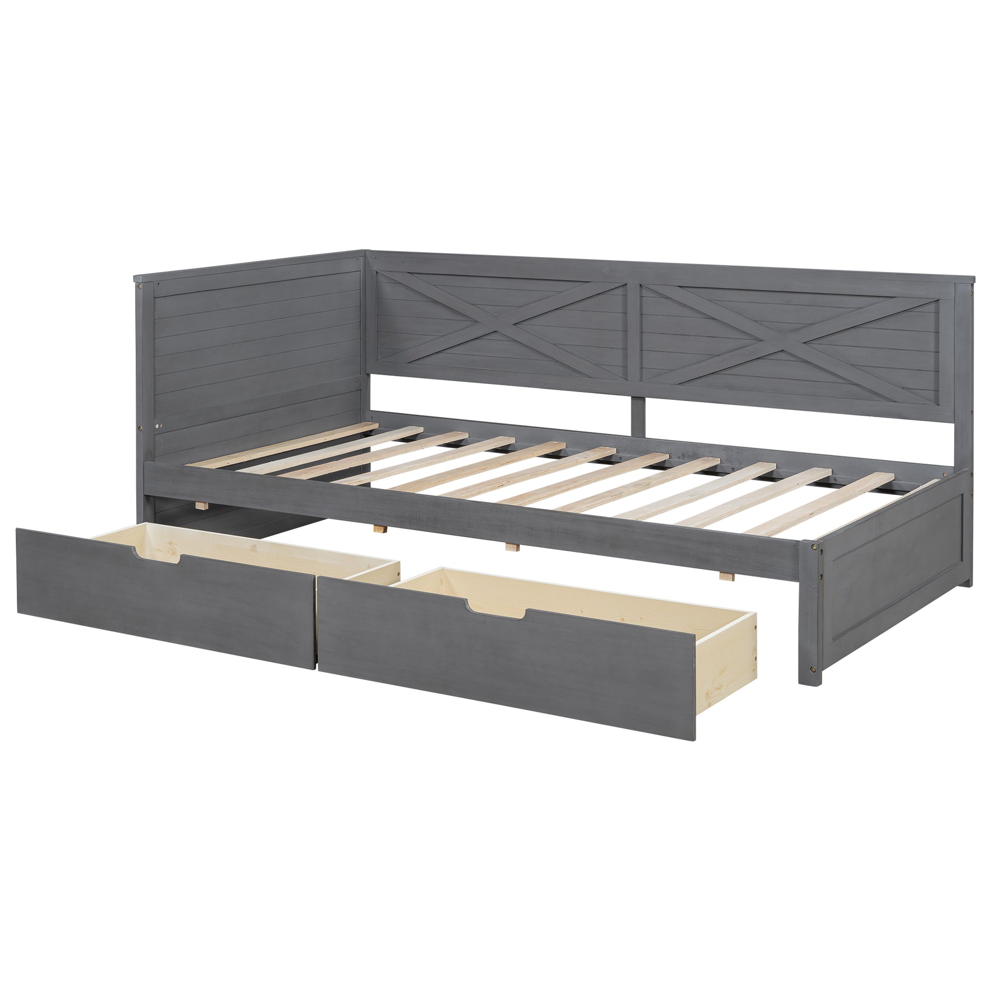 Twin Size Wood Daybed With 2 Drawers And Rustic Guardrail, Ancient Grey Expected Arrival Time: 8.28 Box Spring Not Required Twin Grey Wood Daybeds Solid Wood Mdf