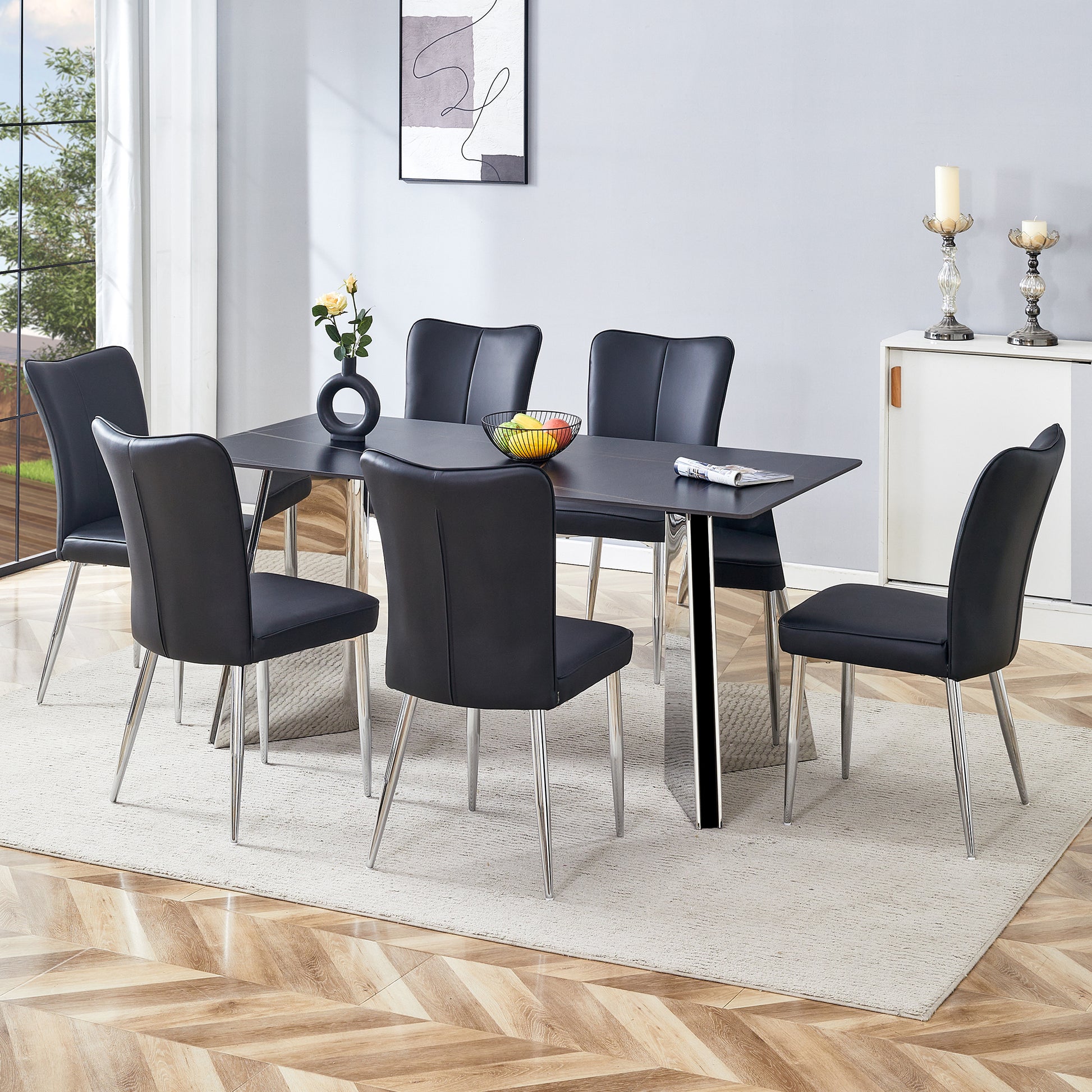 Table And Chair Set.63"X31.5X30" Black Marble Patterned Slabs Tabletop With Stainless Steel Butterfly Legs.Paired With 6 Black Pu Dining Chairs With A Vertical Stripe Design On The Backrest. Black