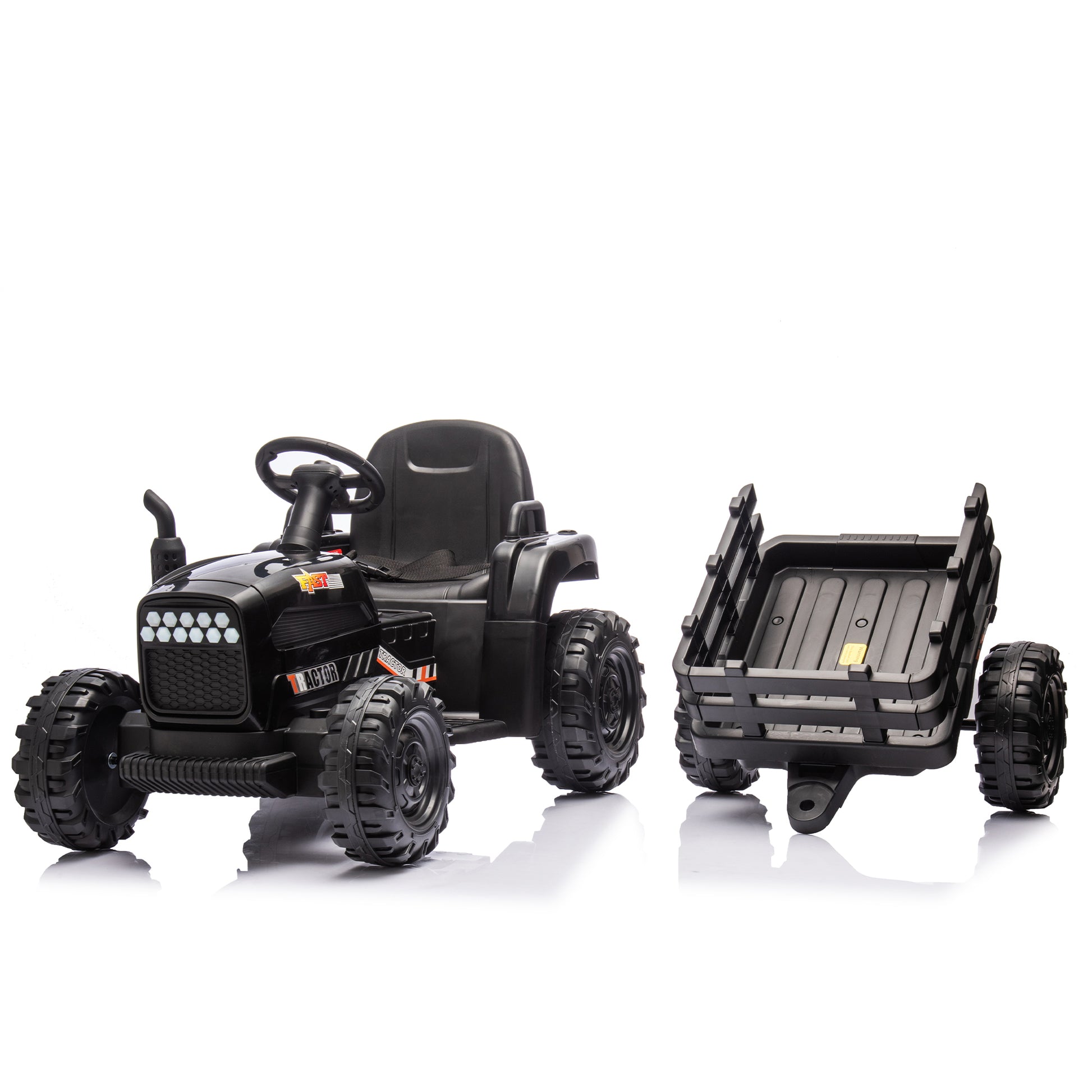 Ride On Tractor With Trailer,24V Battery Powered Electric Tractor Toy, 200W*2Motor 1.86 4.97Mph Remote Control,Electric Car For Kids,Three Speed Adjustable,Usb,Mp3 ,Bluetooth,Led Light, Safety Belt. Black 50 99 Lbs Polypropylene