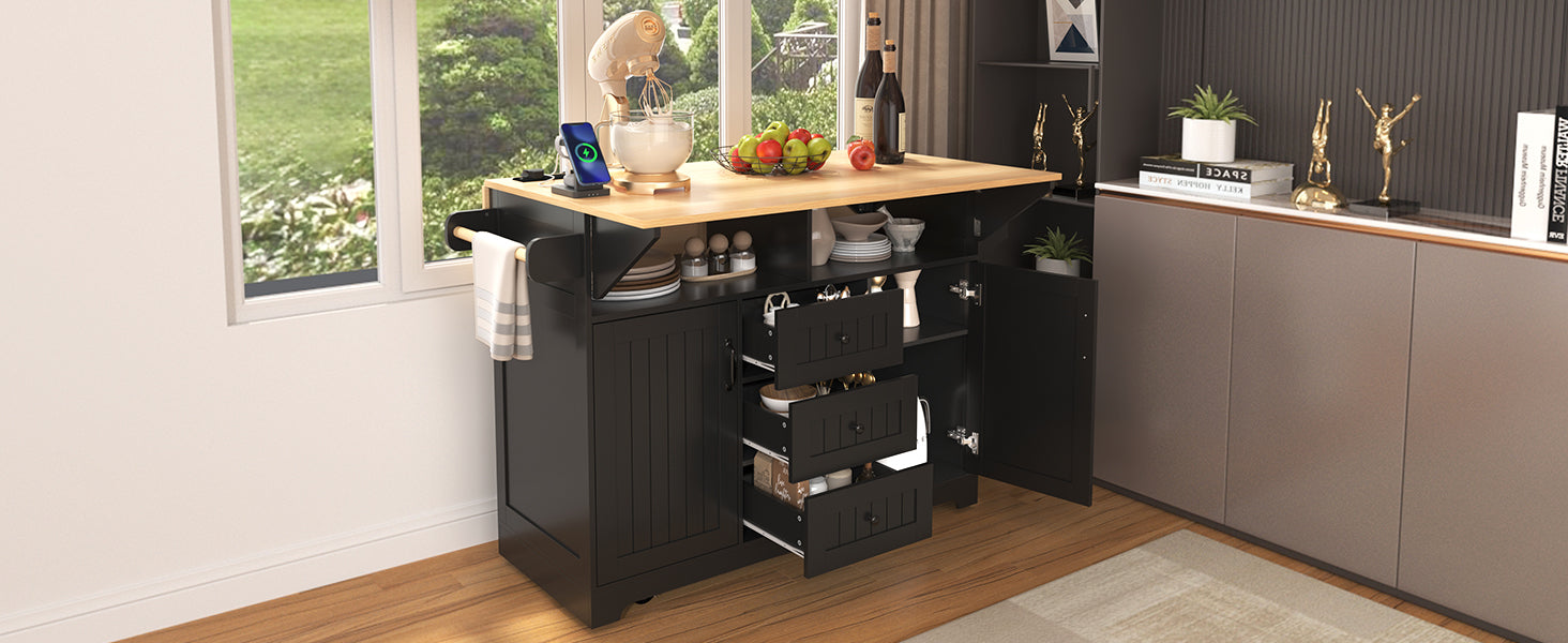 K&K 55.7'' Large Kitchen Island With 2 Drop Leaf, Rolling Kitchen Cart On 5 Wheels With Power Outlet, Folding Storage Dining Table With Spice & Towel Rack3 Drawers, For Kitchen, Dining Room,Black Black Brown Kitchen Classic,Farmhouse,Luxury,Modern