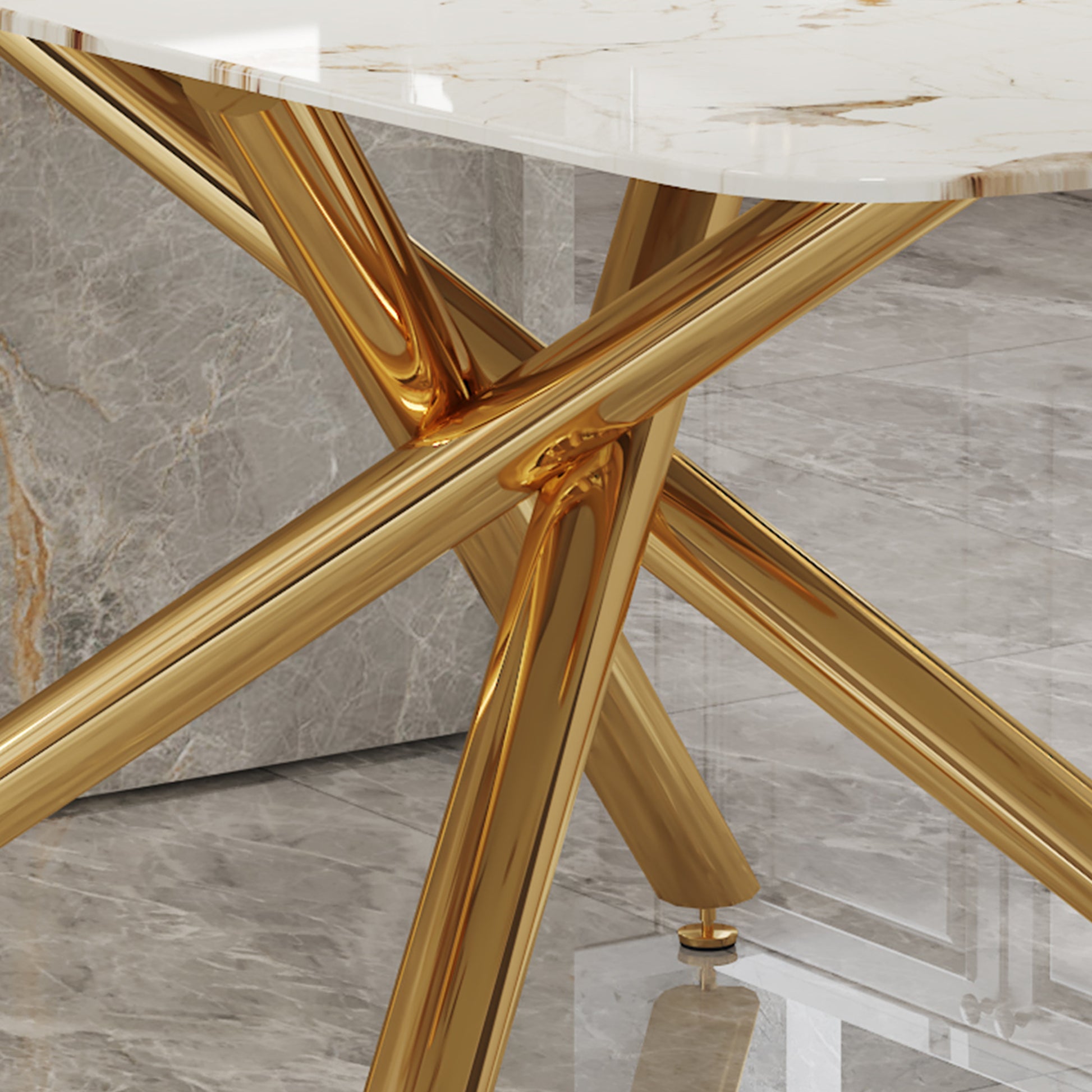 Large Modern Minimalist Rectangular Dining Table With 0.39 "Imitation Marble Tabletop And Golden Metal Legs, Suitable For Kitchen, Dining Room, Living Room, Conference Room, W1151S00987 Gold Glass Metal