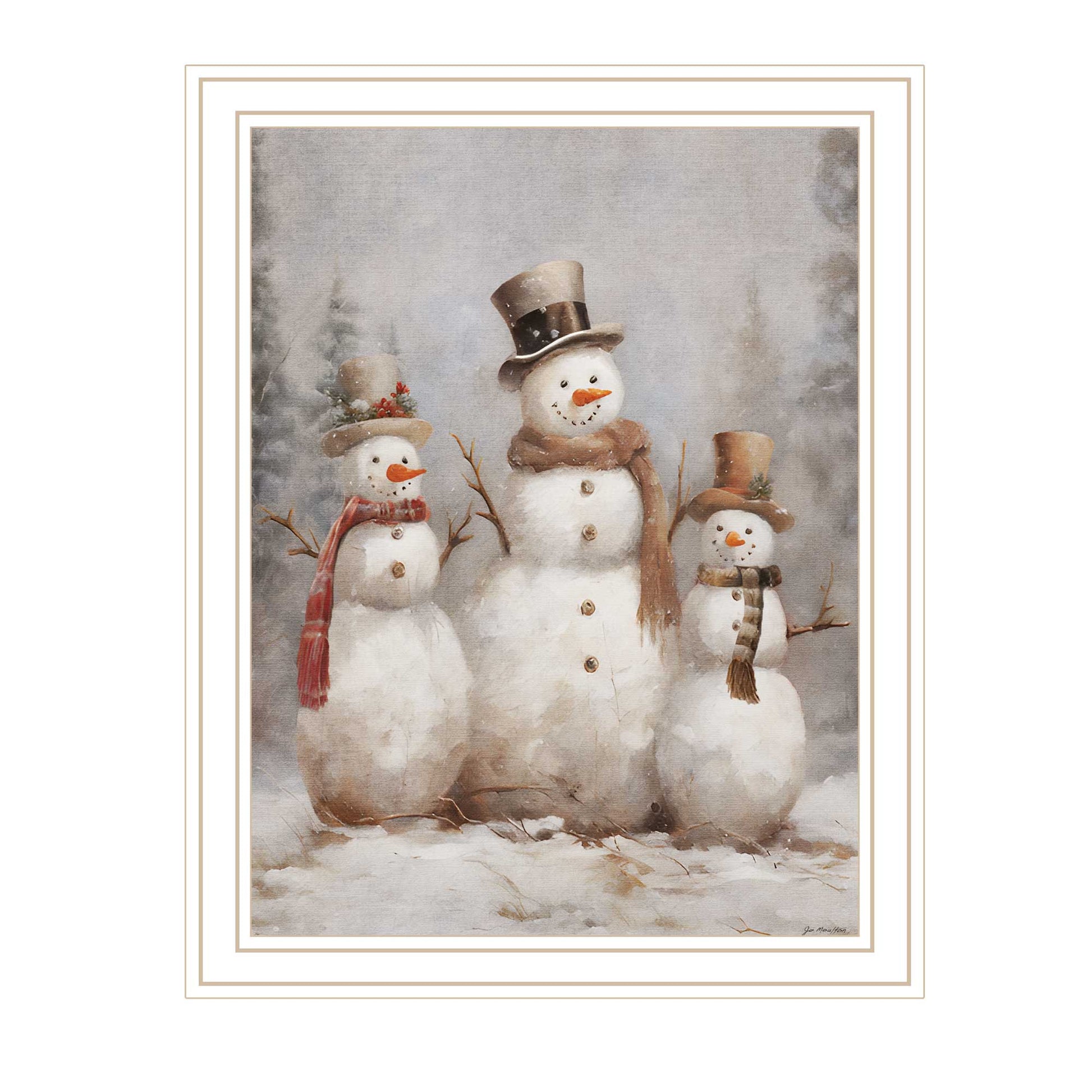 Three Snowman Pals White Framed Wall Art For Living Room, Holiday Wall Art Print For Home Decor, Bedroom Wall Art By Jo Moulton Multicolor Wood Paper