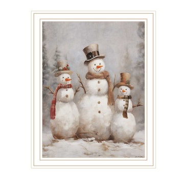 Three Snowman Pals White Framed Wall Art For Living Room, Holiday Wall Art Print For Home Decor, Bedroom Wall Art By Jo Moulton Multicolor Wood Paper