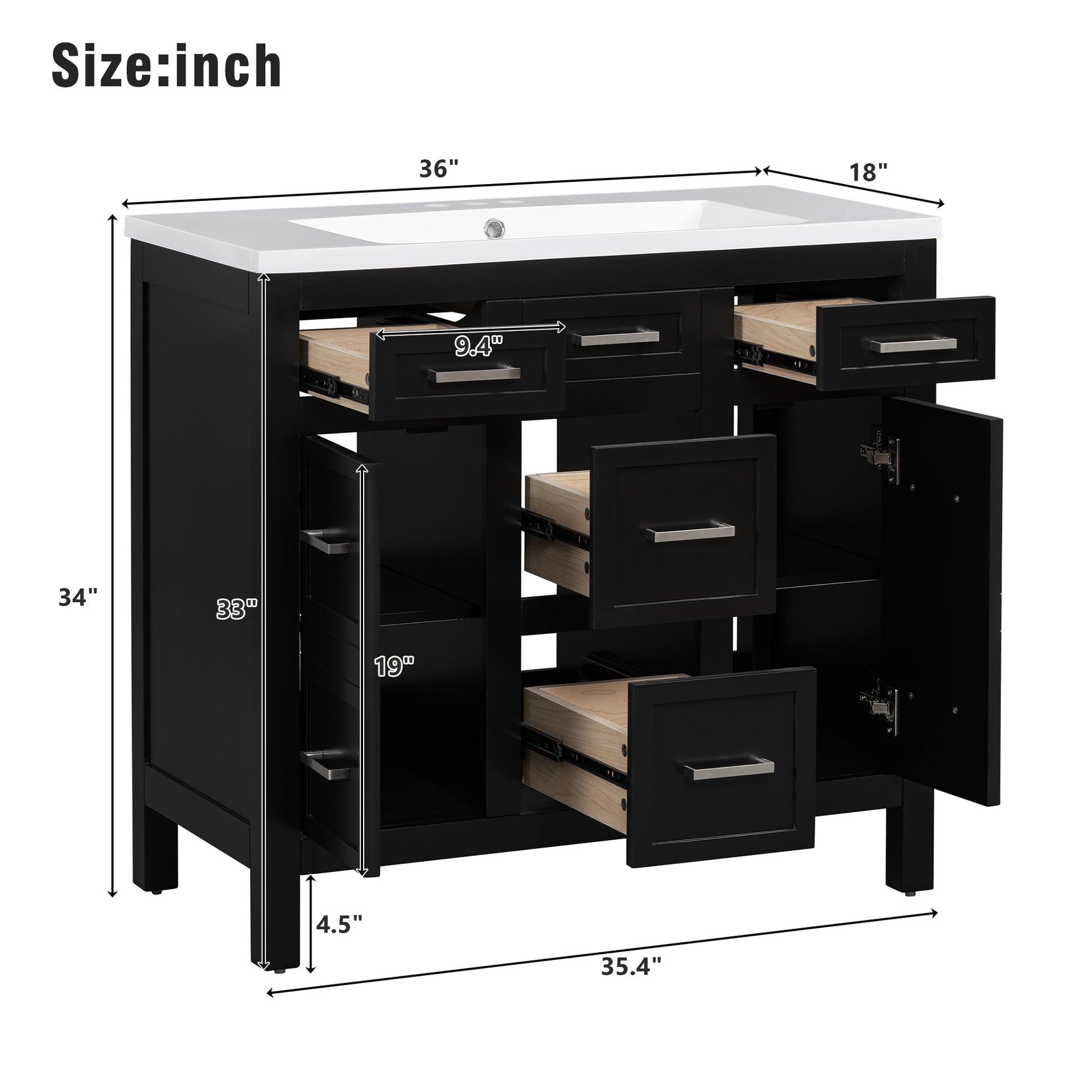 36" Bathroom Vanity Cabinet With Resin Integrated Sink 4 Drawers, 2 Doors Black Bathroom Solid Wood Mdf Resin