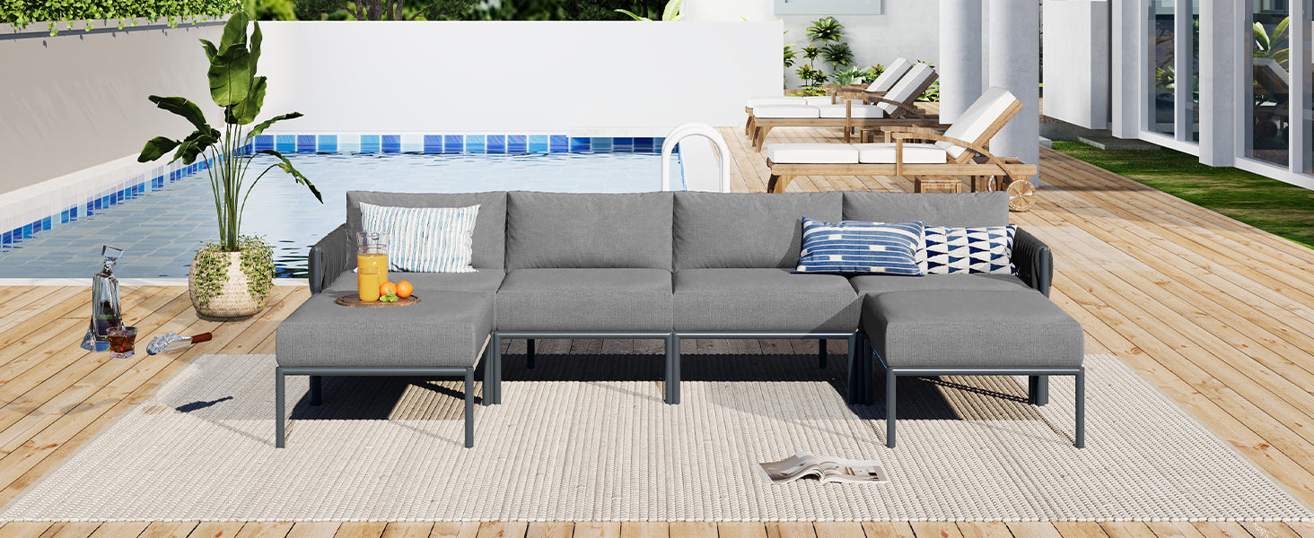 6 Pieces Aluminum Patio Furniture Set, Modern Metal Outdoor Conversation Set Sectional Sofa With Removable Olefin Extra Thick Cushions 5.9" Cushion, Grey Yes Complete Patio Set Gray Seats 6 Weather Resistant Frame Garden & Outdoor