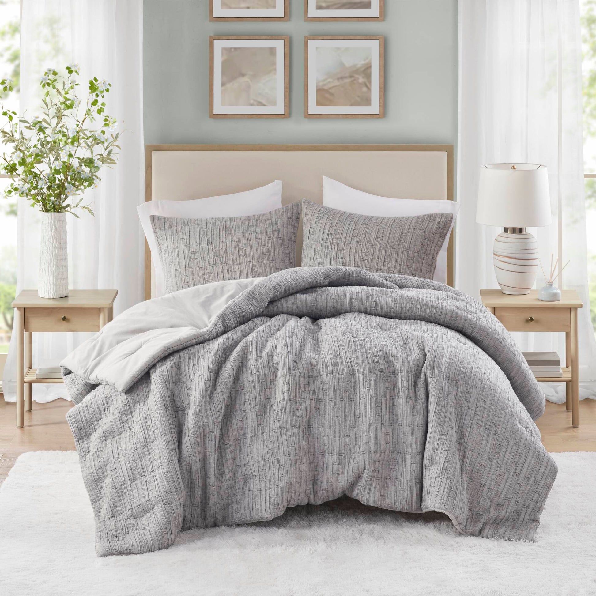 3 Piece Oversized Comforter Set Full Queen Grey Polyester